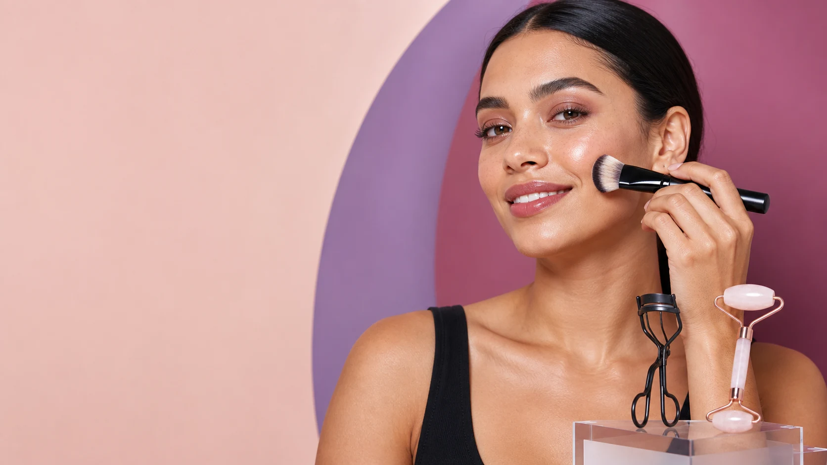 Model using a complexion brush with an eyelash curler and rose quartz roller